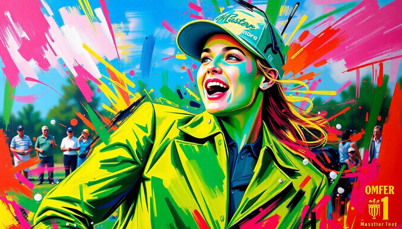An abstract, energetic painting in neon colors, with rapid brushstrokes and fragmented shapes, conceptually representing the social media buzz and evolving fashion trends surrounding the Masters tournament.