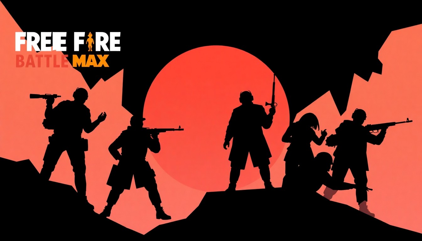 A striking abstract illustration featuring bold, geometric black shapes and silhouettes, conceptually representing the Garena Free Fire Max battle royale game and its limited-time rewards.