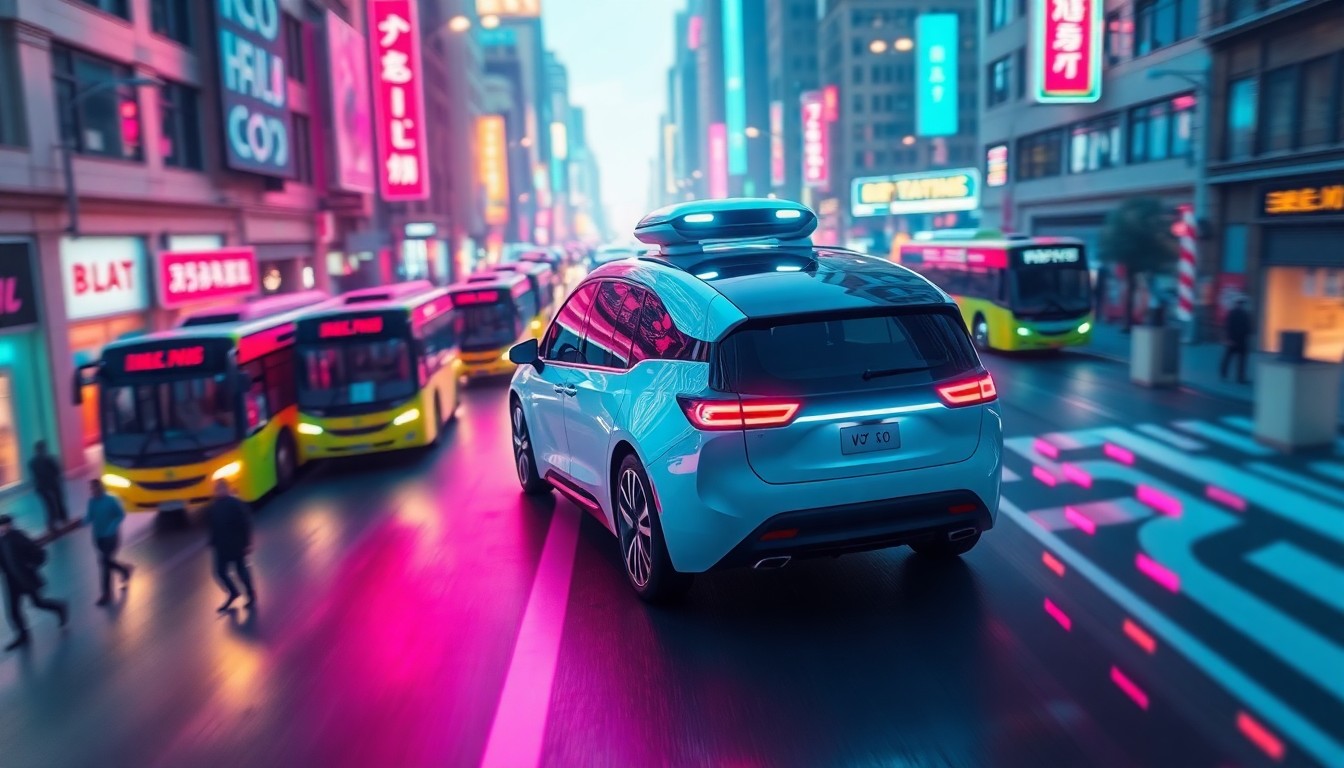 A highly detailed, glowing 3D illustration of a Waymo autonomous vehicle surrounded by a vibrant city scene, with neon lights highlighting the complex infrastructure and dynamic obstacles the car must navigate, conceptually representing the challenges of integrating self-driving technology into a real-world urban environment.