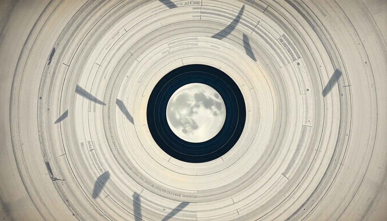 A highly structured abstract painting in soft blues, greens, and oranges, depicting sweeping geometric arcs and concentric circles representing the Artemis II spacecraft's journey around the Moon, conveying the complex scientific forces and precise orbital mechanics of the mission.