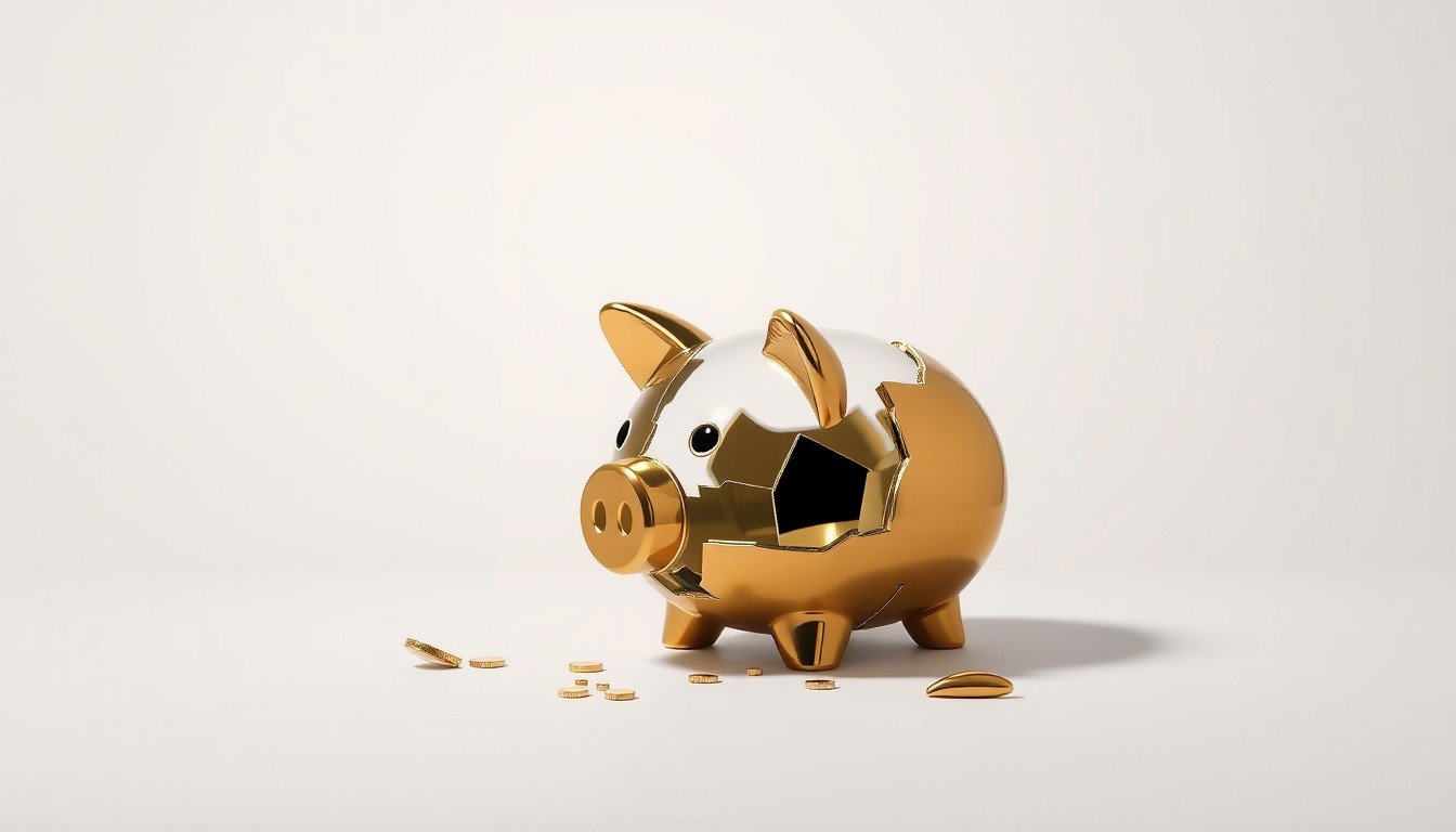 A photorealistic studio still-life image showing a broken piggy bank made of polished brass and glass, resting on a clean, monochromatic background. The dramatic lighting and shattered form symbolize the collapse of the FTX crypto exchange.