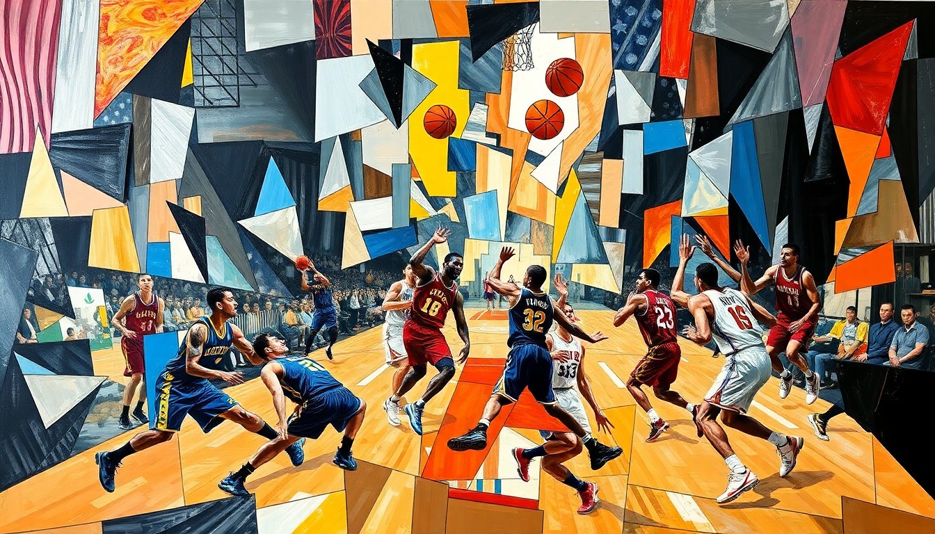 A cubist, geometric painting depicting the dynamic motion and energy of a basketball game, with players' forms breaking down into abstract shapes and colors, capturing the intensity of the Knicks' historic playoff run.