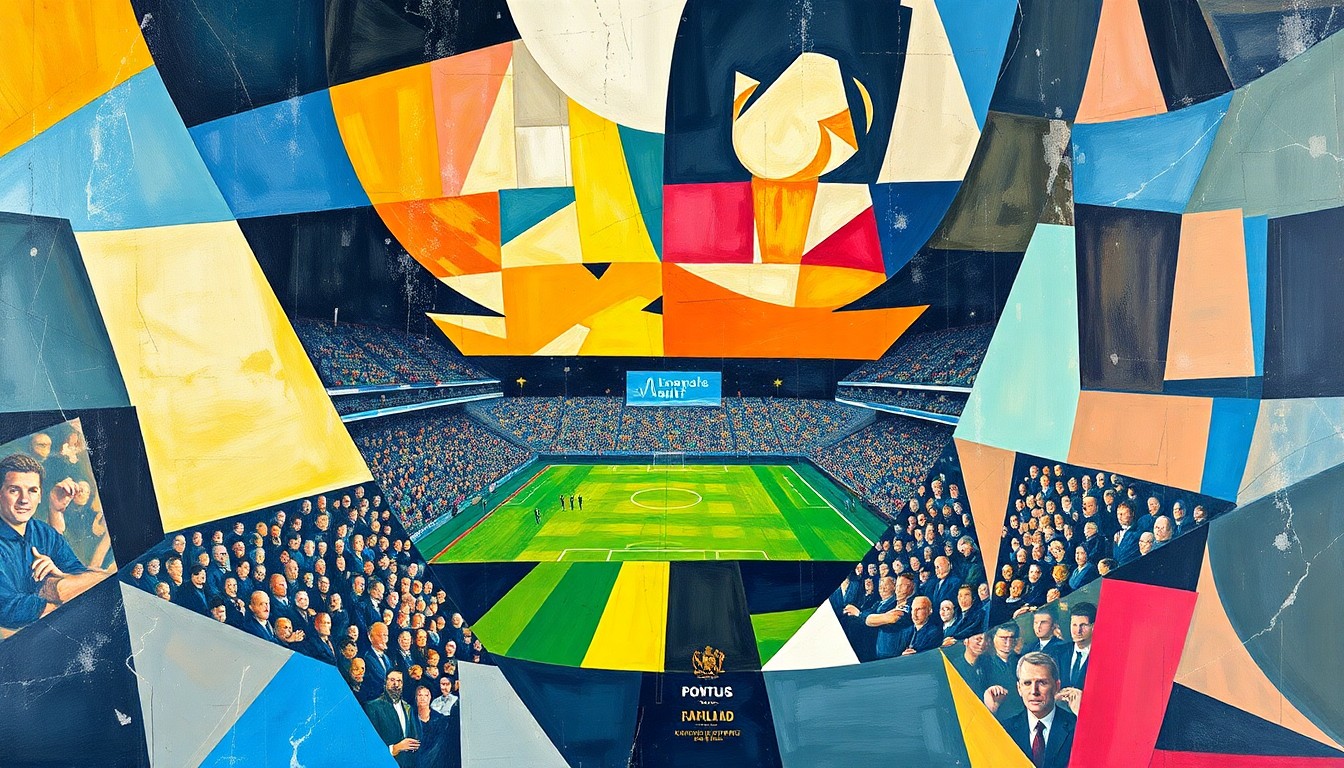 A fragmented, geometric painting depicting a football match, with players and the field broken down into sharp, overlapping shapes and planes, conveying the chaotic and intense nature of the game.