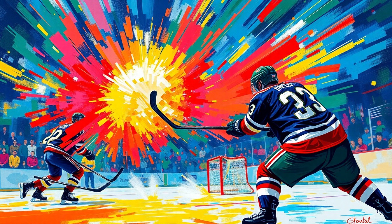 An abstract, energetic painting featuring bold, neon-colored brushstrokes that capture the intensity and movement of a hockey shootout, conceptually representing the Sabres' hard-fought win over the Wild.