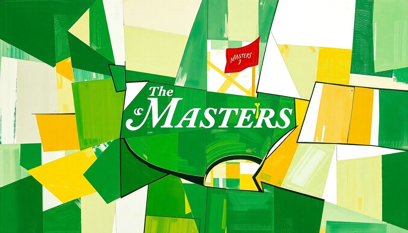 A cubist, geometric painting depicting the Masters golf tournament, with the iconic logo and imagery deconstructed into sharp, overlapping shapes and planes in shades of green, white, and gold, capturing the event's prestige and the challenges of ticket distribution.