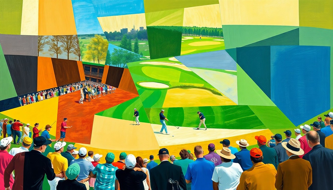 A fragmented, geometric painting in shades of green, brown, and blue, depicting an abstract golf tournament scene with players and spectators rendered in sharp, overlapping cubist forms.