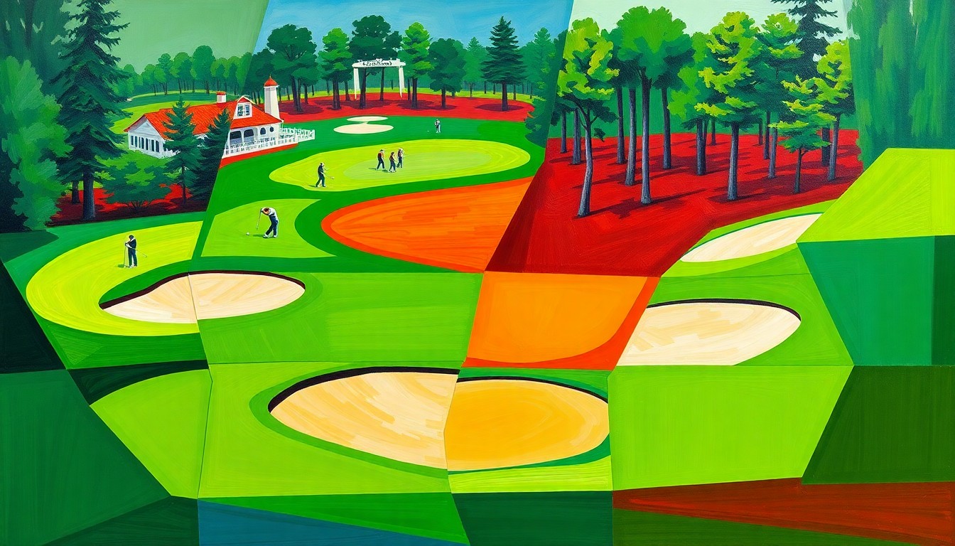 A fragmented, cubist-style painting depicting the chaotic energy of the final round of the Masters golf tournament, with overlapping geometric shapes and planes in shades of green, blue, red, and white representing the various players and elements of the course.