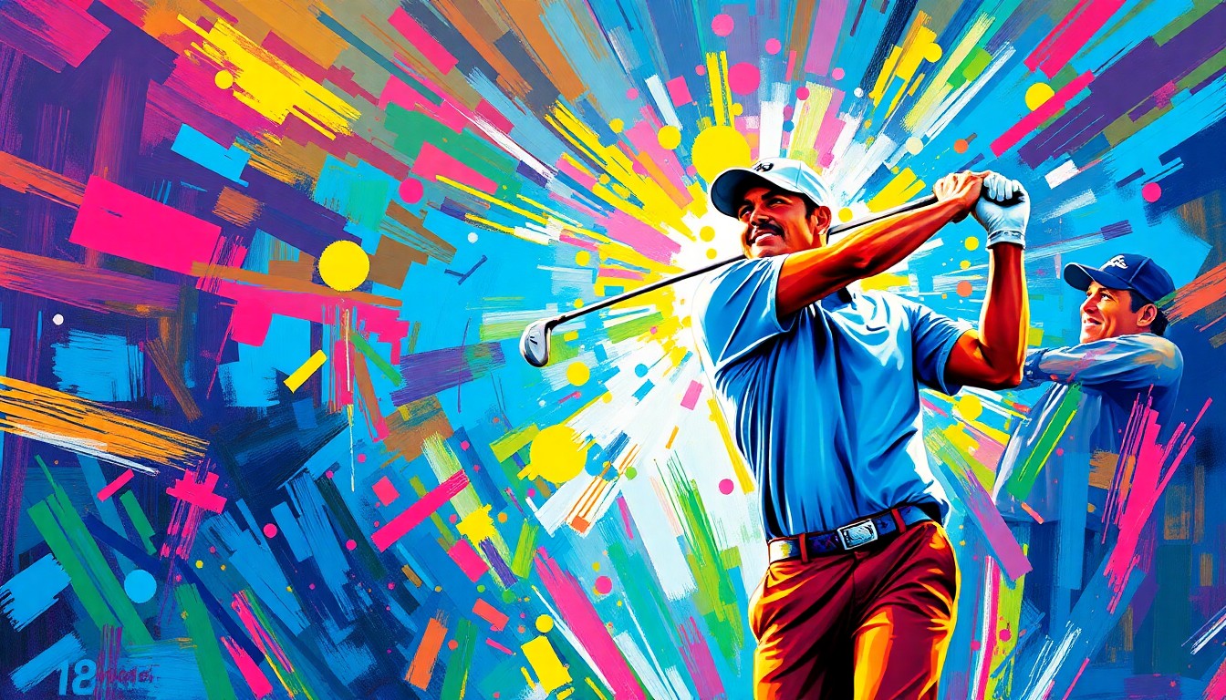 An abstract, energetic painting in neon colors depicting the dynamic motion and emotional intensity of a golfer's triumph, symbolizing the personal journey of overcoming adversity.