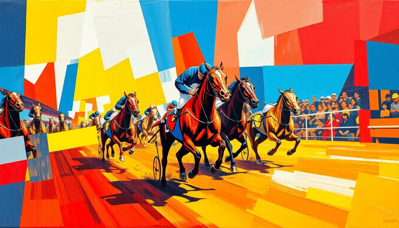 A fractured, geometric painting in bold colors depicting the dynamic movement and competition of a harness racing event, conceptually representing the sport's enduring appeal during a challenging economic era.