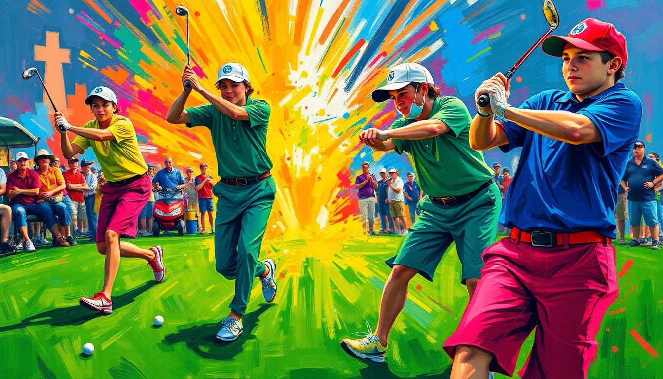 An abstract, energetic painting with vibrant brushstrokes in neon greens, blues, and reds, capturing the dynamic movements and competitive spirit of young golfers at a prestigious national tournament.