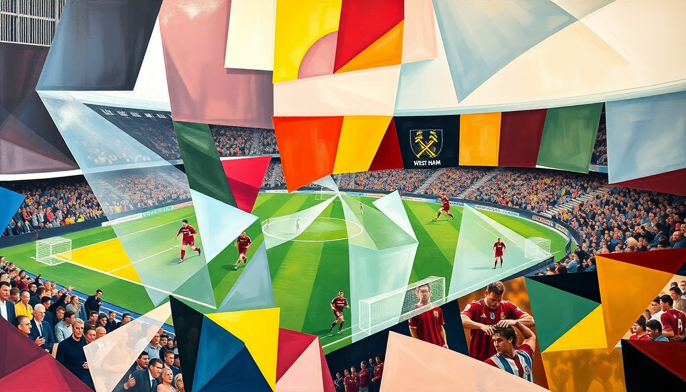 A cubist, geometric painting depicting a deconstructed soccer match, with players and the field broken down into overlapping planes of color and abstract shapes, conveying the tactical and psychological impact of Crysencio Summerville's injury on West Ham United.