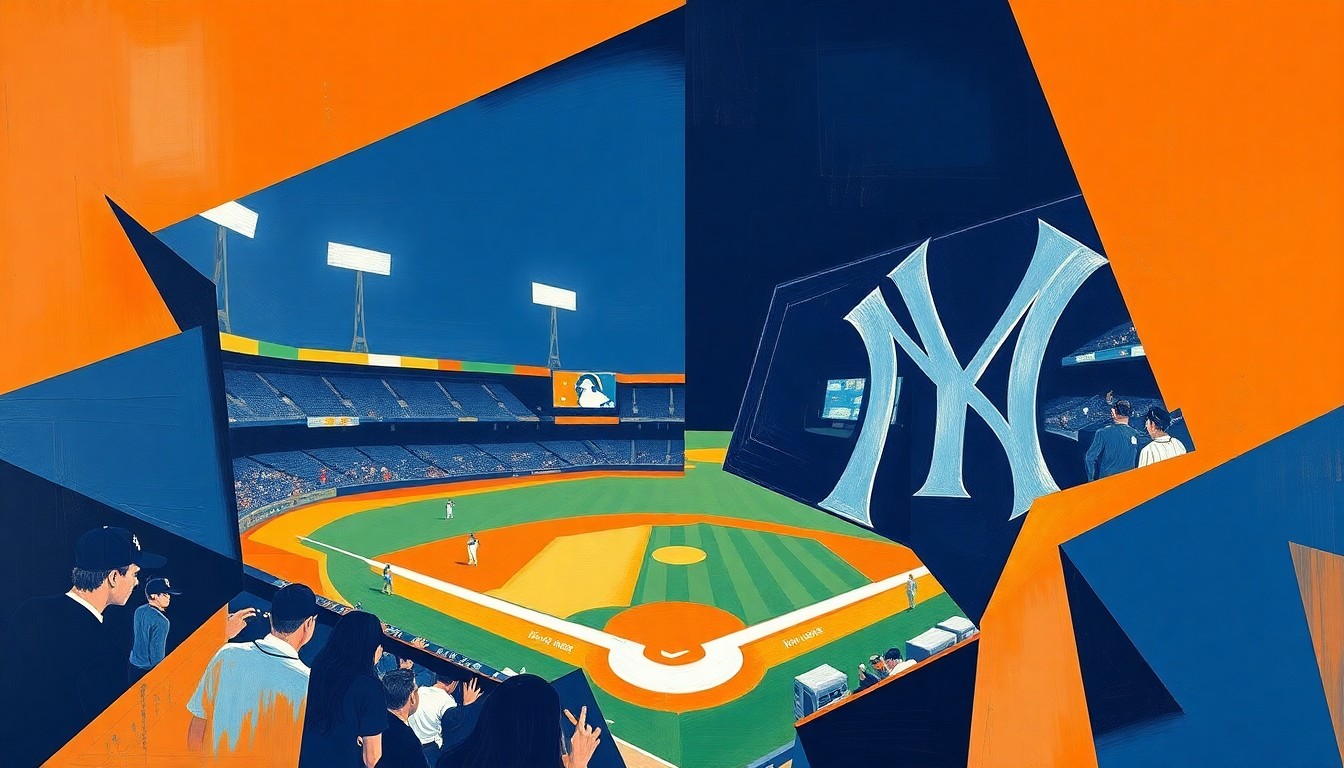 A fractured, geometric painting in shades of navy, orange, and white, depicting the dynamic action of a baseball game between the Rays and Yankees, with players and the field deconstructed into sharp, overlapping planes.
