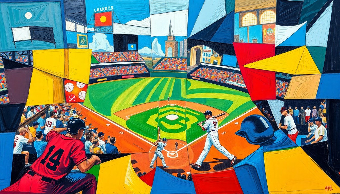 A fractured, multi-perspective painting in bold, contrasting colors that captures the energy and movement of a baseball game, conceptually representing the evolving cultural attitudes towards women's roles in sports reflected in the song's history.