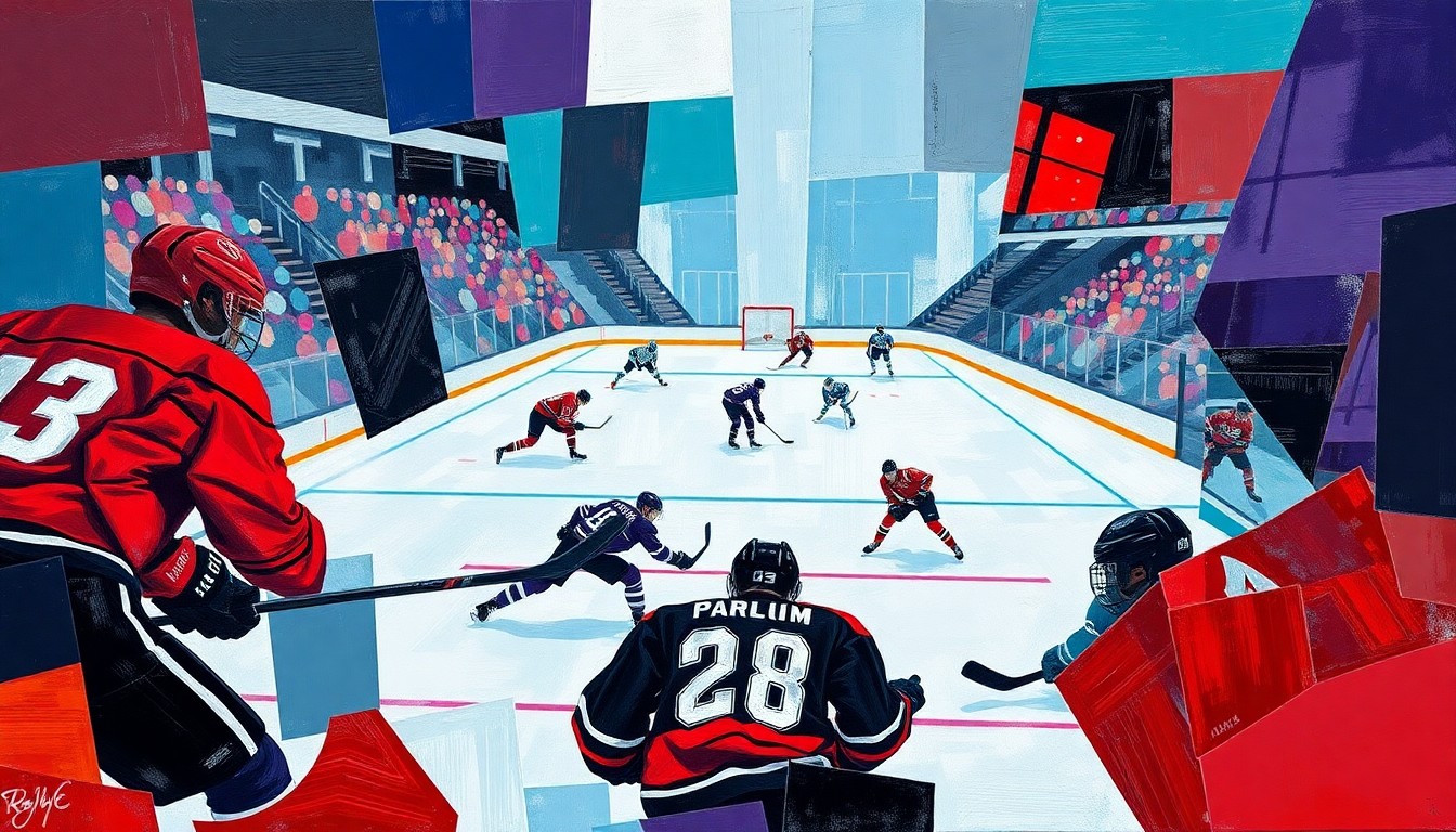 A cubist, geometric painting depicting a hockey game, with sharp, overlapping planes of color representing the players and action on the ice.