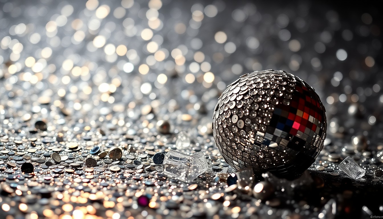 An abstract close-up photograph of luxurious, glittering textures in high-contrast lighting, conceptually representing the glamour and drama of the entertainment industry.