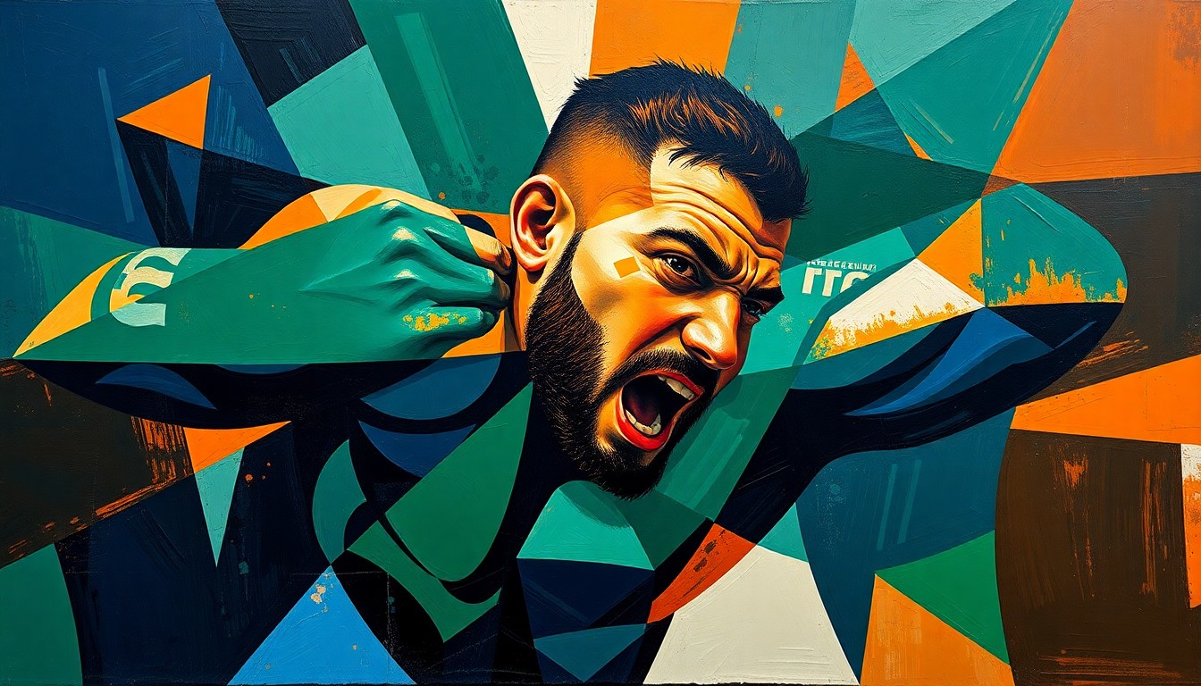 A cubist, geometric painting depicting the dynamic movements and raw power of a wrestler, with overlapping planes of navy, green, and orange conveying the explosive energy of Gable Steveson's MMA skills.
