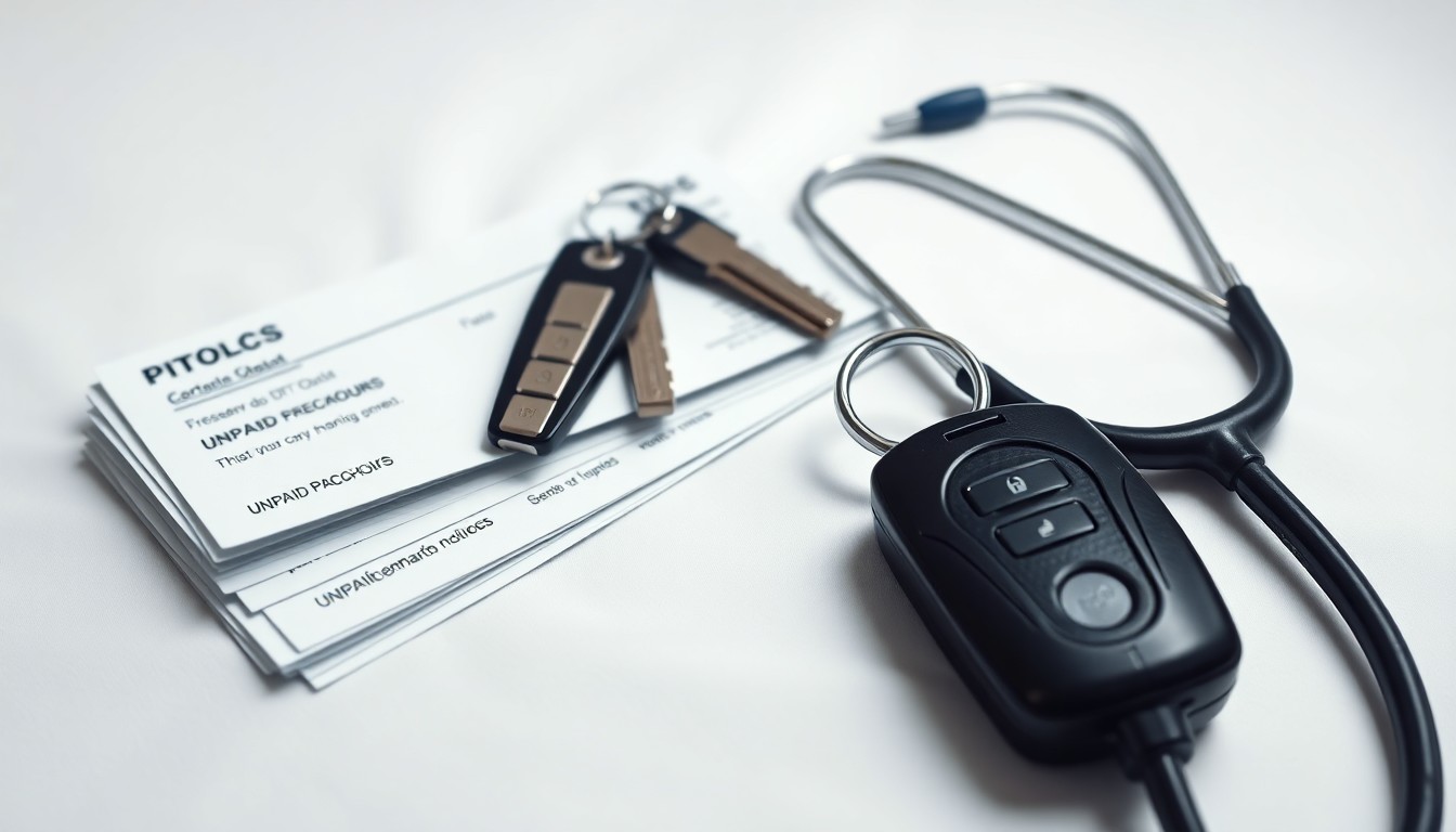 A high-end, photorealistic studio still-life photograph featuring a stack of unpaid paychecks, a set of car keys, and a medical stethoscope arranged elegantly on a clean, white seamless background, conceptually representing the financial hardship and disruption to healthcare services caused by the sudden closure of a home care company.