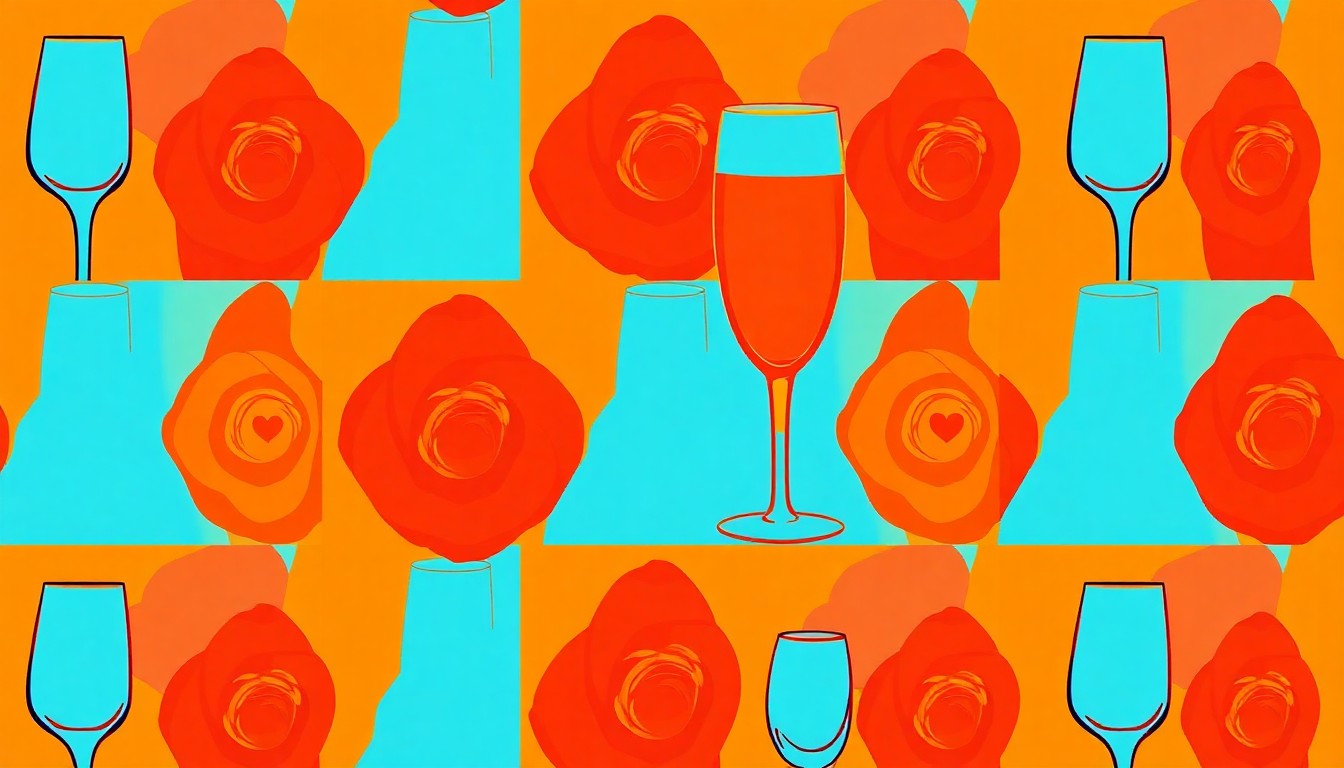 A brightly colored, high-contrast silkscreen print of a champagne flute repeated in a tight grid pattern, conceptually representing the romantic touches of Perry's anniversary menu.