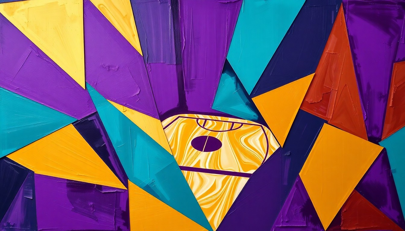A cubist, geometric painting depicting the chaotic energy and overlapping movements of a women's basketball game, with sharp planes of deep purple, teal, and gold creating a visually striking and conceptual representation of the strategic rebuilding of the LSU Tigers roster.