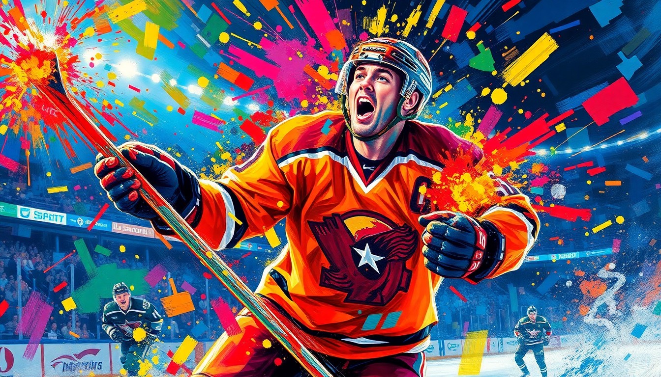 An extreme close-up of a hockey player's upper body, captured in a burst of vibrant, expressionist brushstrokes in neon shades of blue, red, and yellow, conveying the raw energy and emotion of a game-winning goal scored in overtime.