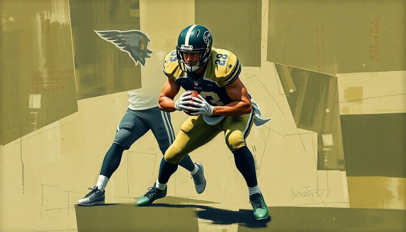 A cubist-style painting featuring overlapping geometric shapes in muted earth tones, representing the complex movements and challenges faced by a young defensive back trying to reclaim his starting position.