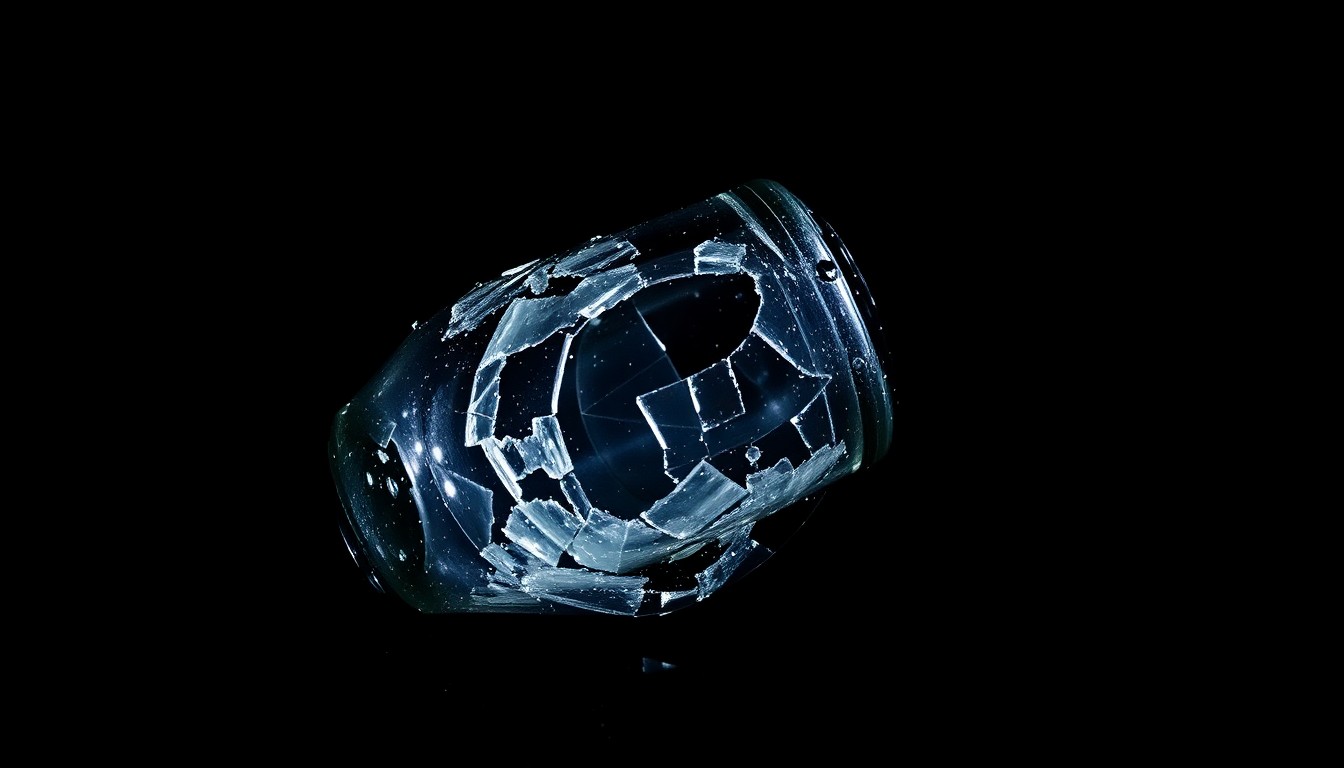 An extreme close-up of a shattered glass container, its jagged edges reflecting a harsh, direct flash of light, conceptually representing the violence of the attack on Lindsey Buckingham.
