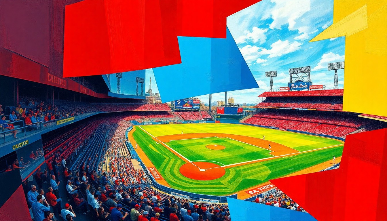 A cubist, geometric painting depicting a baseball game in motion, with fragmented shapes and overlapping planes of vibrant colors representing the energy and excitement of the sport.