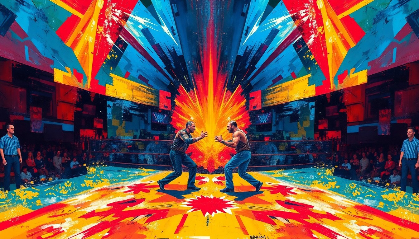 A fractured, geometric painting depicting the intense action and drama of a WrestleMania match, with sharp planes of color and overlapping perspectives capturing the raw energy of the event.
