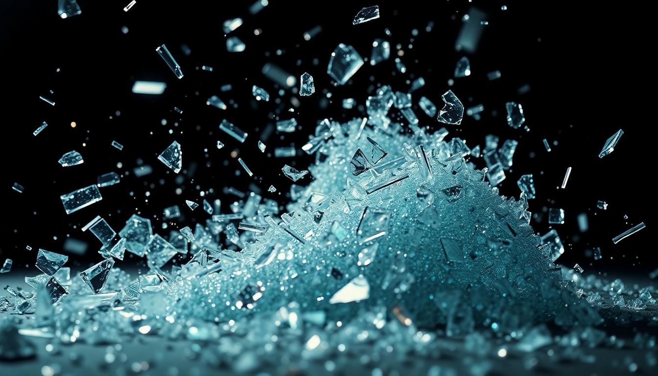 An abstract close-up photograph of shattered glass and glittering shards, captured in dramatic, high-contrast studio lighting to conceptually represent the disruption of Hollywood's award season by geopolitical events.