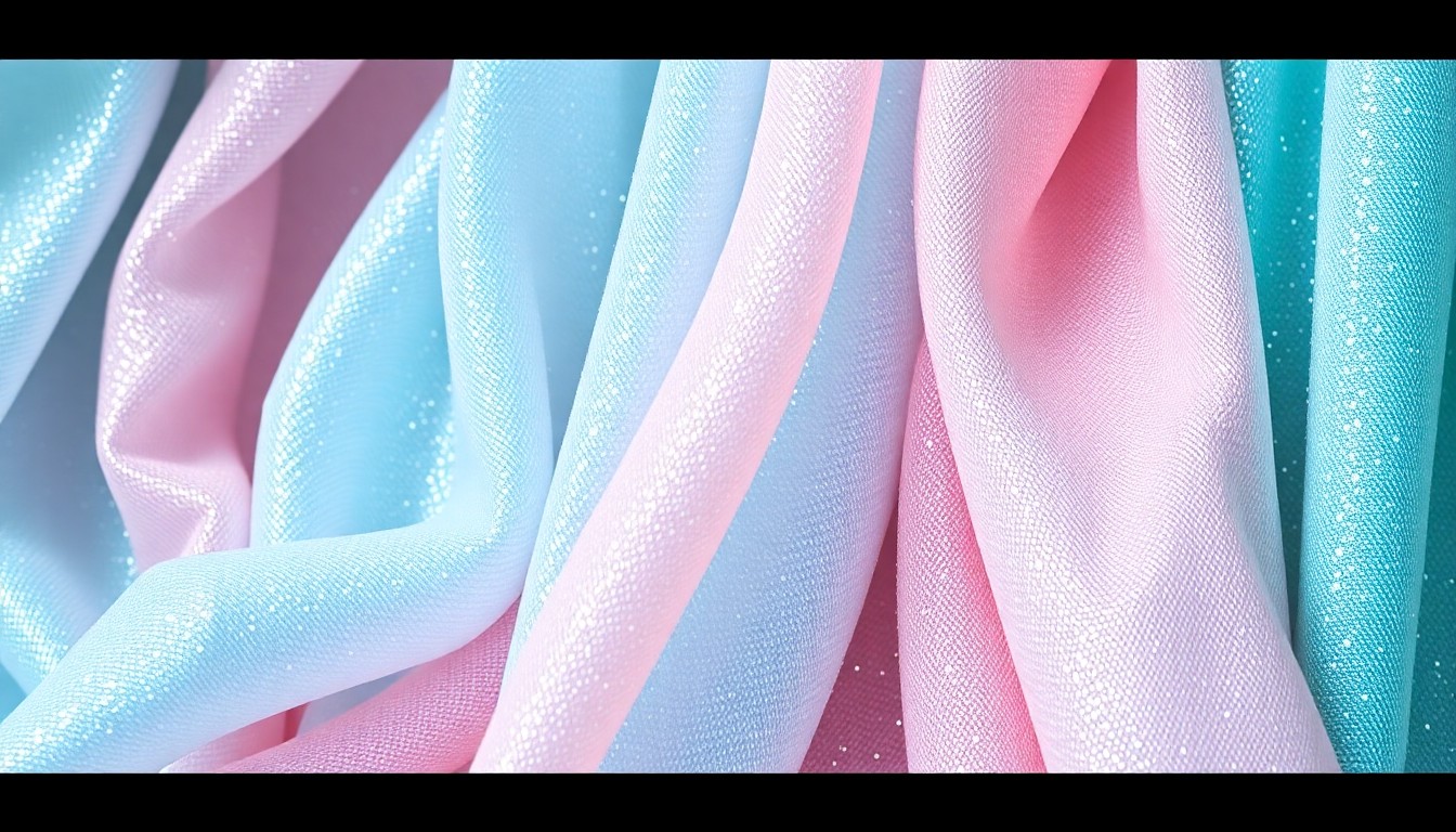 An extreme close-up photograph of shimmering, textured fabrics in pastel colors, capturing the glamour and style of a celebrity family Easter celebration.