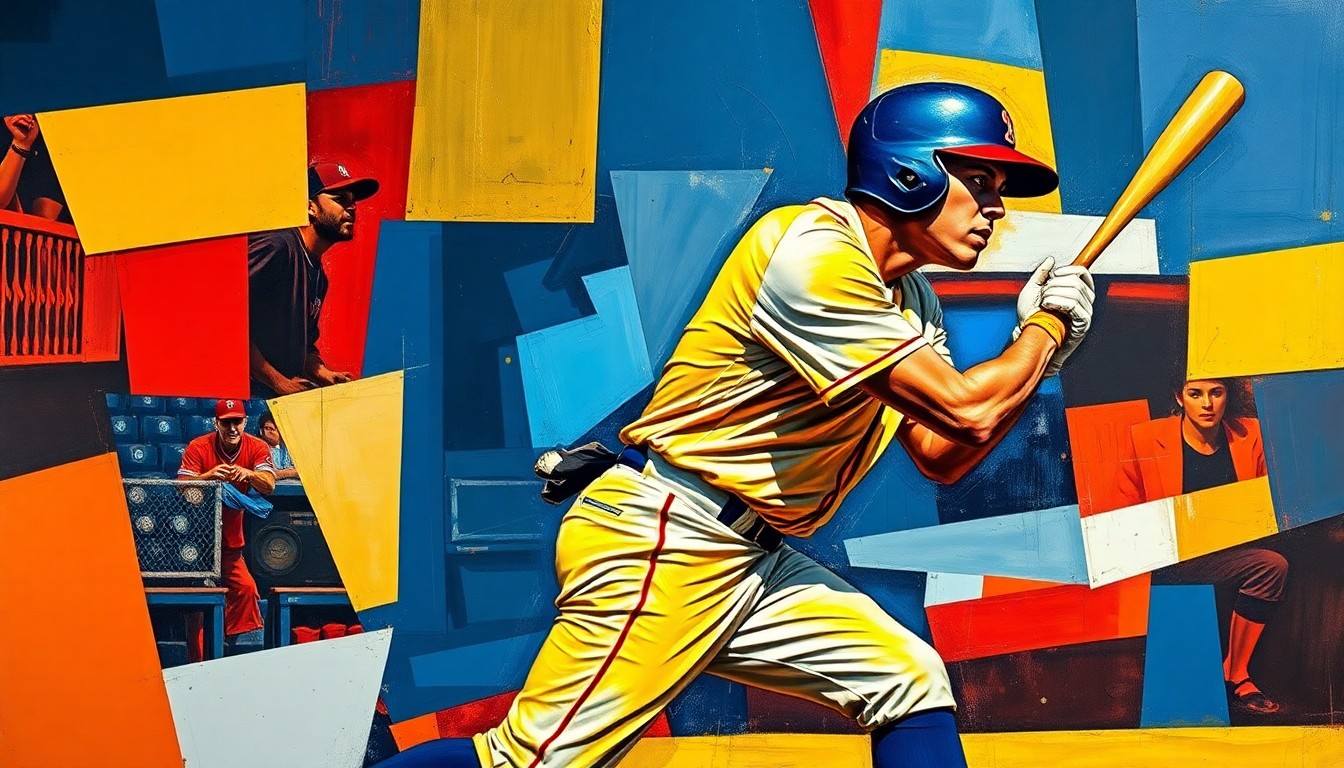 A cubist, geometric painting depicting a baseball player's motion or a baseball game, broken down into overlapping planes of vibrant navy, crimson, and yellow, conceptually representing the challenges of managing a major league roster under the Rule 5 draft rules.