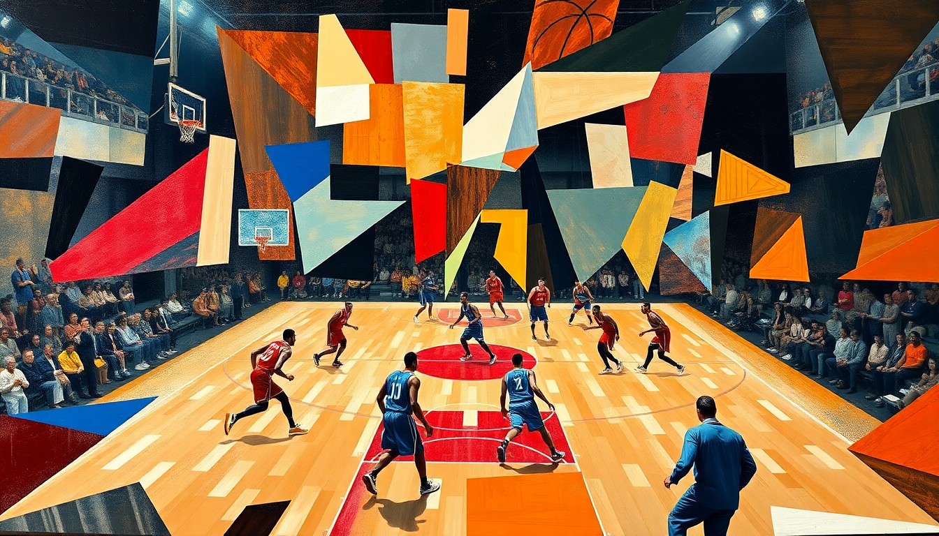 A cubist, geometric painting depicting a fragmented basketball court and players, with sharp angles and overlapping planes capturing the dynamic energy of the sport.