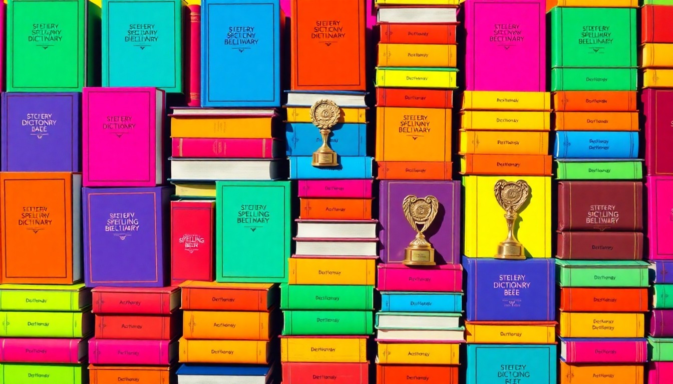 A brightly colored, high-contrast silkscreen print of a stack of colorful dictionaries and spelling bee trophies repeated in a tight grid pattern, conceptually representing the celebratory and inclusive nature of a community spelling competition.
