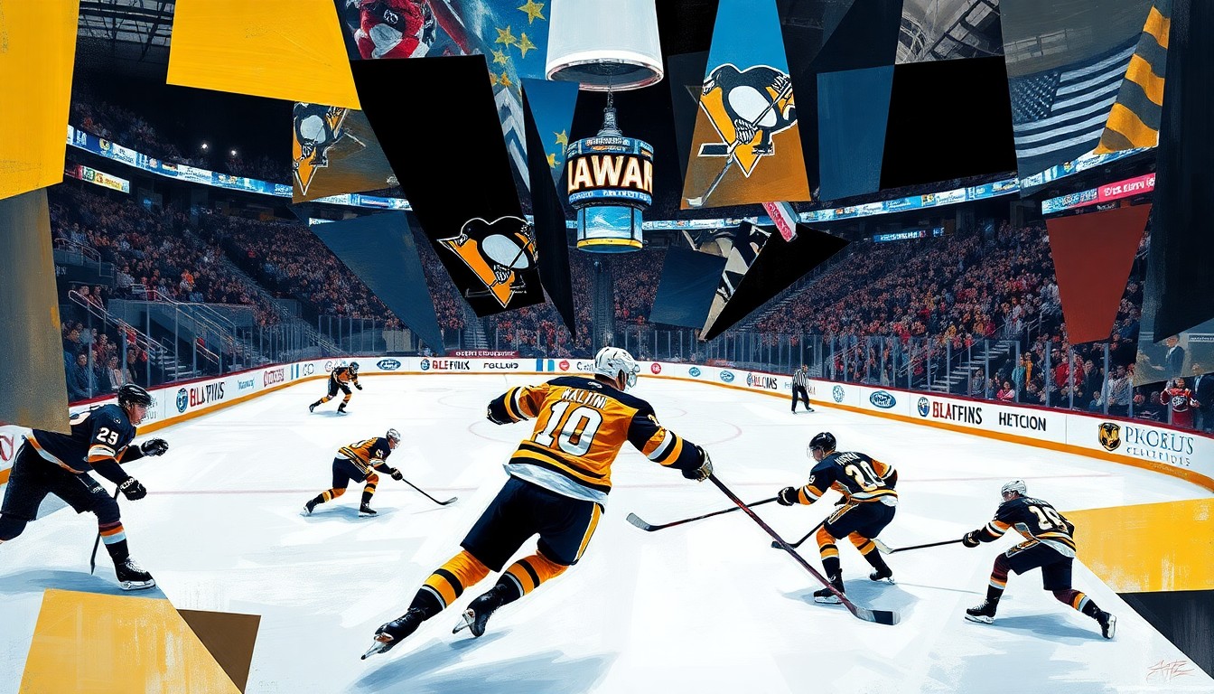 A cubist, geometric painting depicting a hockey game in motion, with sharp, overlapping planes of color and form representing the Penguins' dominant performance and Evgeni Malkin's hat trick.