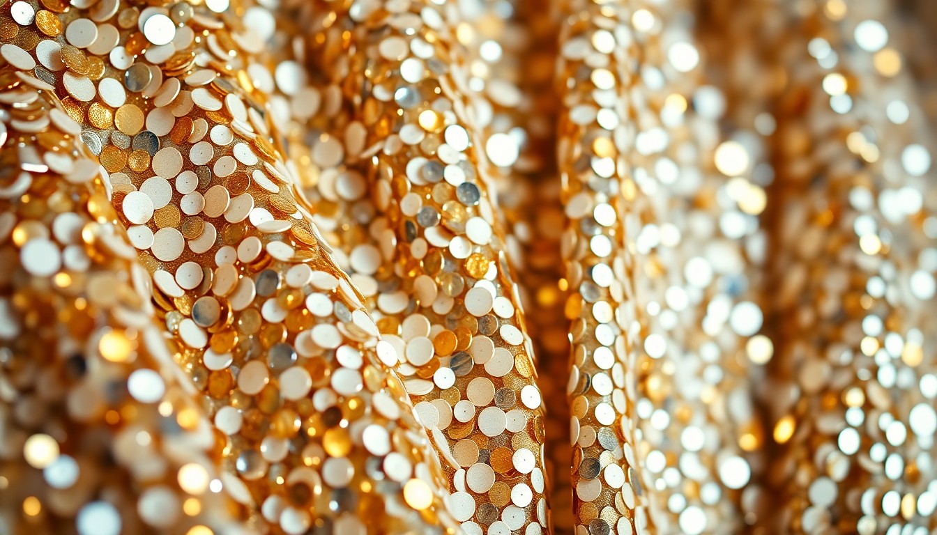 An extreme close-up photograph of shimmering, high-contrast sequins in metallic tones, capturing the glamorous and luxurious aesthetic of Mariah Carey's Tribeca penthouse.
