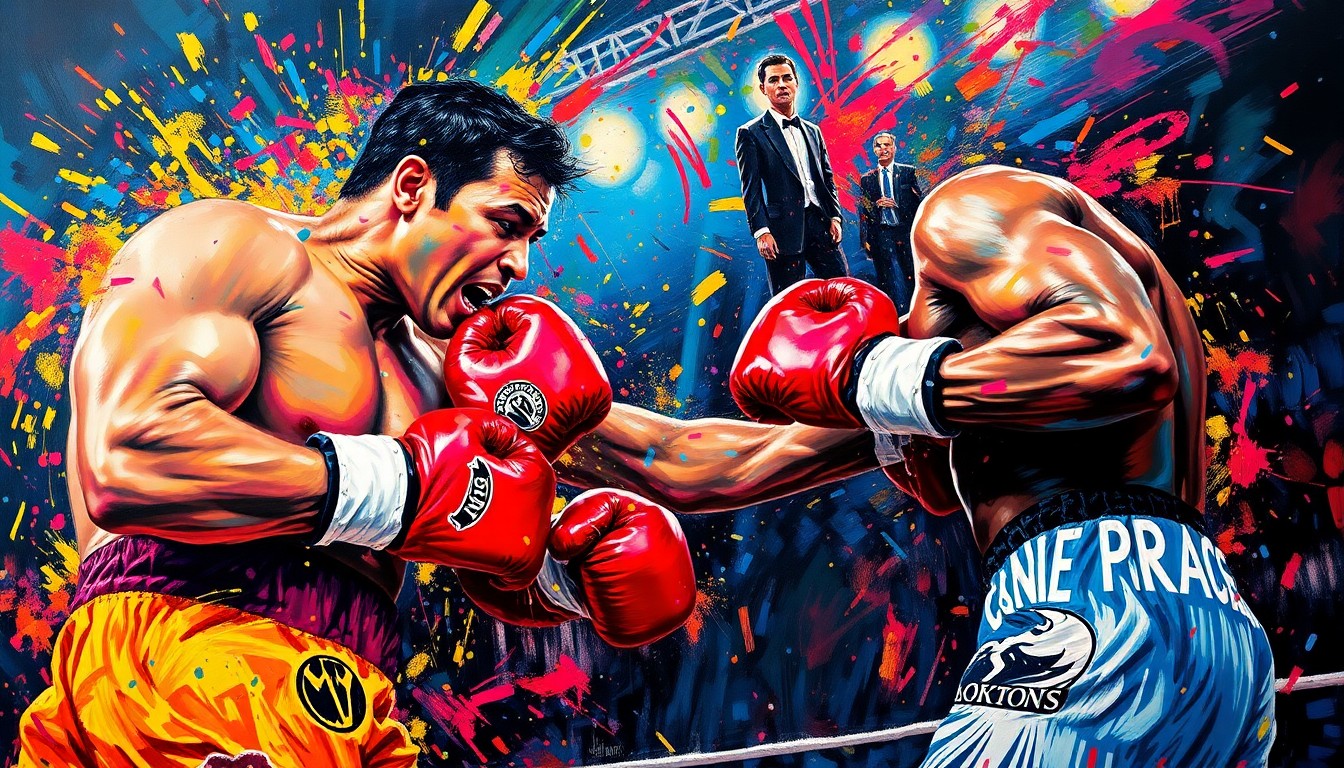 A vibrant, expressionist painting capturing the raw power and kinetic movement of a boxing match, with the faces and details of the fighters and venue blurred into colorful, gestural brushstrokes.