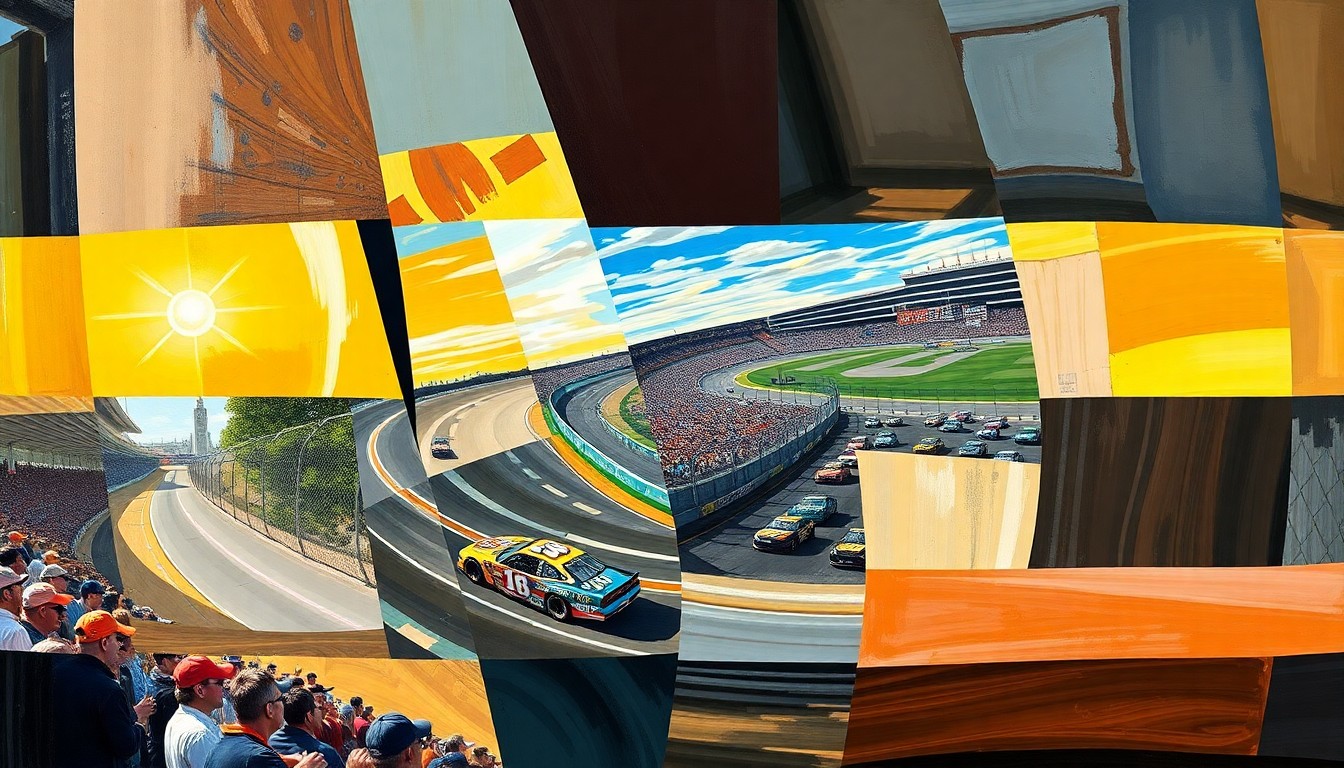 A cubist, geometric painting depicting a NASCAR race at Bristol Motor Speedway, with the cars and track broken down into sharp, overlapping planes of color and shape, conveying the intensity and chaos of the event.