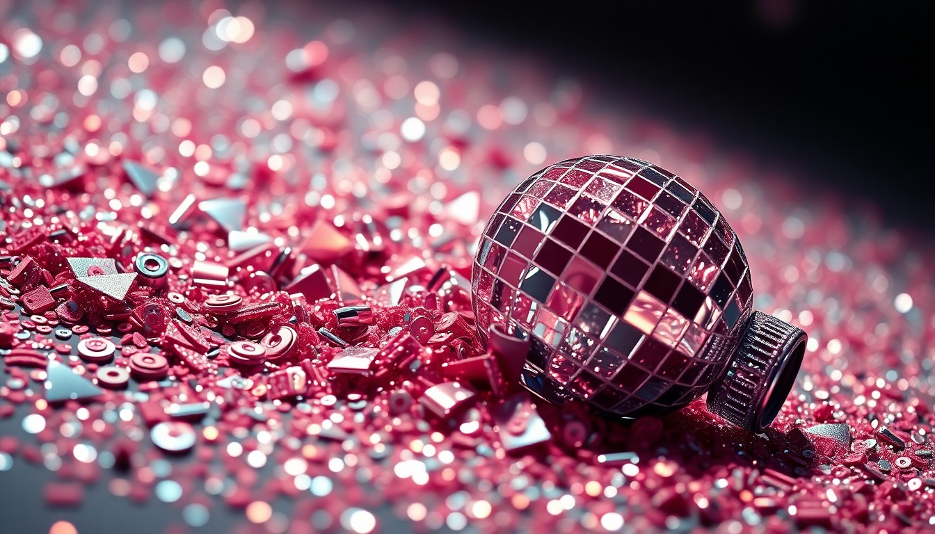 An extreme close-up of glittering sequins and shattered glass reflecting dramatic studio lighting, conceptually representing the high-fashion glamour and theatrical nature of Sabrina Carpenter's Coachella performance.