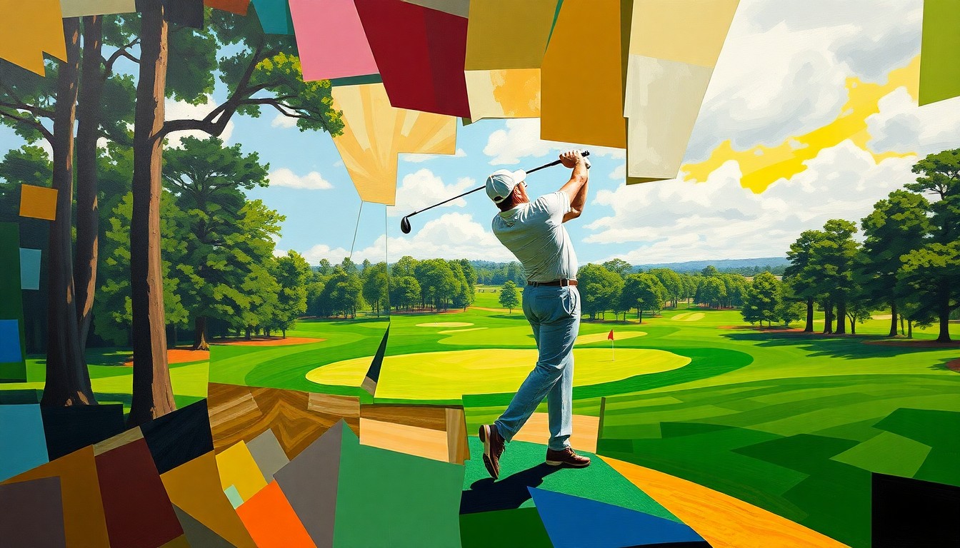 A cubist, geometric painting depicting a fractured, multi-angled view of a golfer's swing or a scene from the Masters tournament, with vibrant colors representing the lush Augusta National landscape.