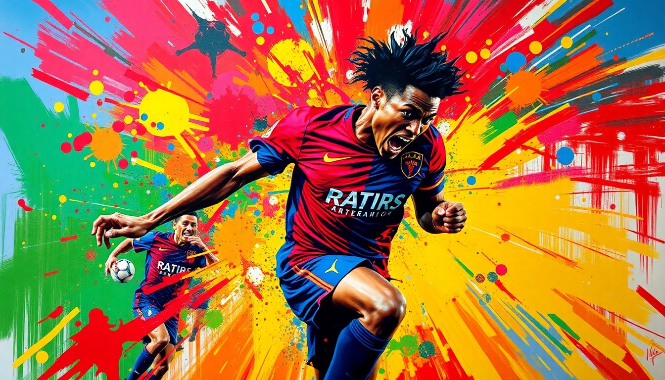 An abstract, energetic painting featuring bold, neon-colored brushstrokes that capture the dynamic scoring plays and attacking movements of a soccer match, with the players' identities obscured in the vibrant expressionist style.
