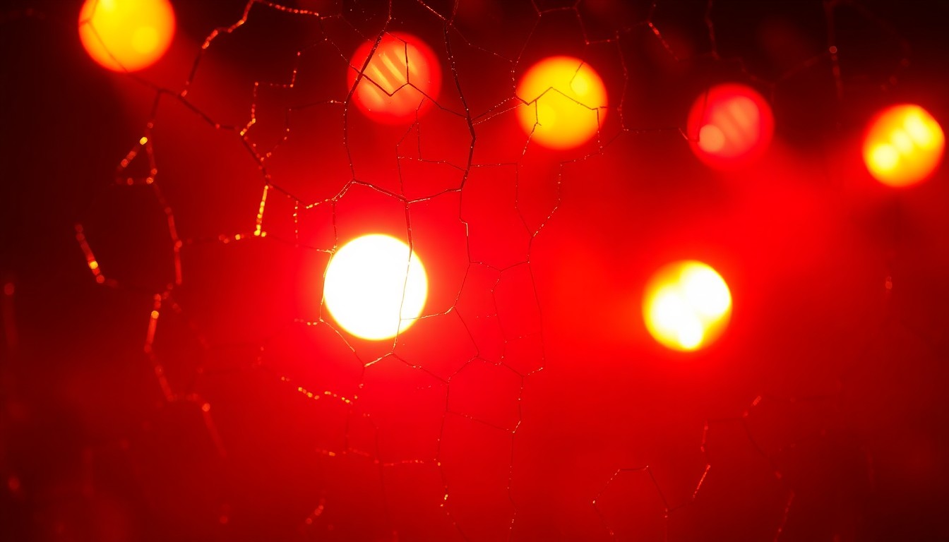 An extreme close-up photograph of shattered, glittering stage lights in warm, vibrant colors, capturing the enduring energy and glamour of a rock anthem.