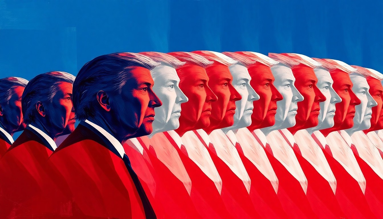 A dynamic, abstract painting featuring the overlapping, fragmented silhouette of a politician in red, white, and blue, symbolizing the divisive and high-stakes nature of the congressional primary race.
