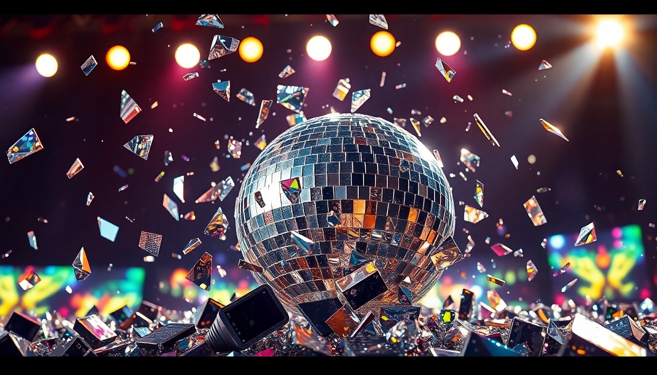 An abstract close-up photograph of shattered, glittering disco ball fragments reflecting colorful stage lighting, conveying the glamour and energy of Sombr's Coachella performance.