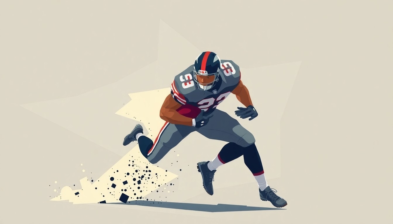 A fractured, multi-perspective painting in the style of Pablo Picasso, breaking down the movements and energy of a football linebacker into sharp, overlapping geometric planes.