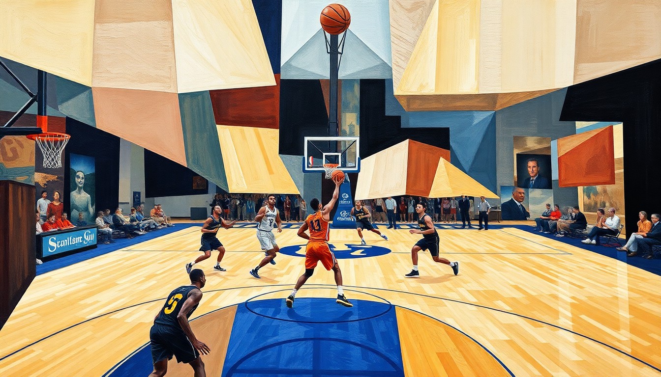A cubist, geometric illustration depicting the energy and movement of a college basketball game, with the players' forms broken down into sharp, overlapping planes of color and shape.
