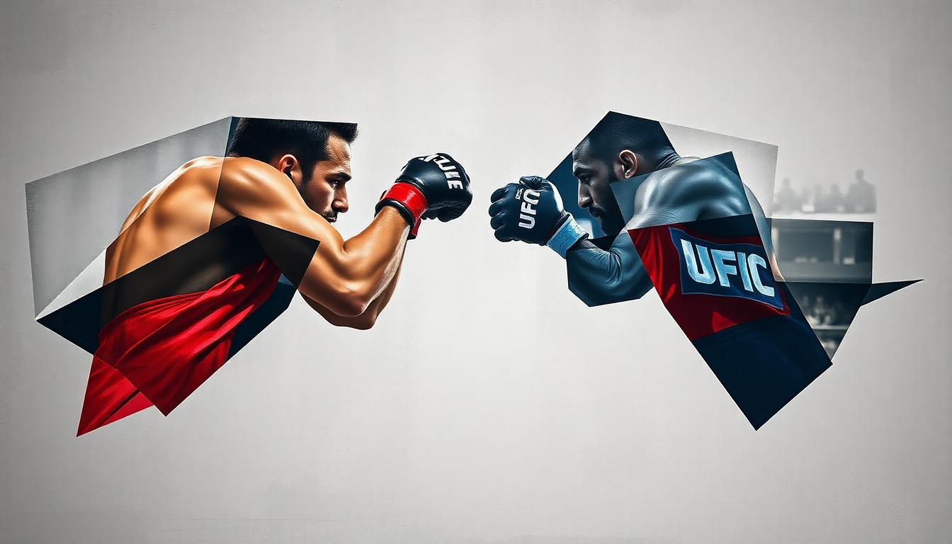 A cubist-style painting depicting a UFC light heavyweight fight, with the combatants and the action broken down into sharp, overlapping geometric shapes and planes in muted tones of grey, blue, and red.