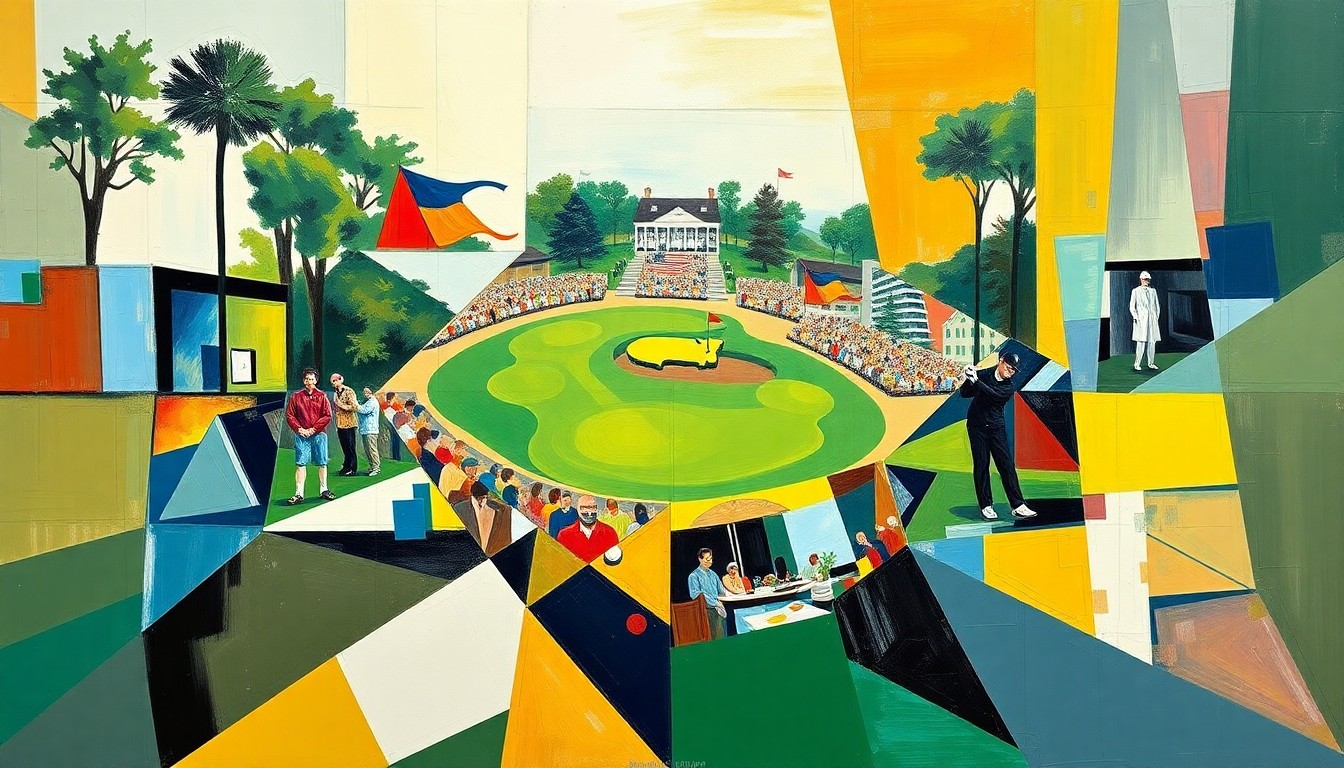 A cubist, geometric painting depicting the 2026 Masters golf tournament, with sharp, overlapping planes of color and form capturing the dynamic energy and tension of the event.