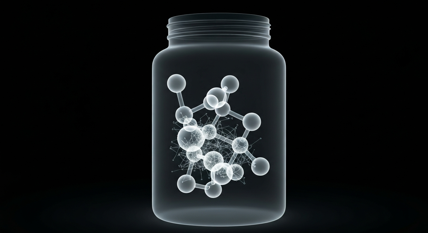 A translucent X-ray photograph revealing the internal molecular structure of a dietary supplement powder container, with glowing lines against a dark background, conceptually illustrating the unseen dangers of contaminated supplements.