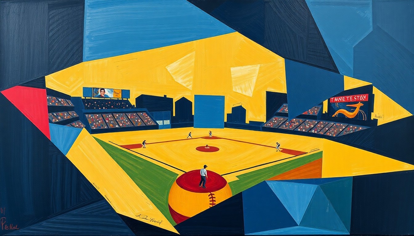 A cubist, geometric painting depicting a softball game broken down into overlapping planes of navy, gold, and crimson, conveying the dynamic energy and intensity of the sport.
