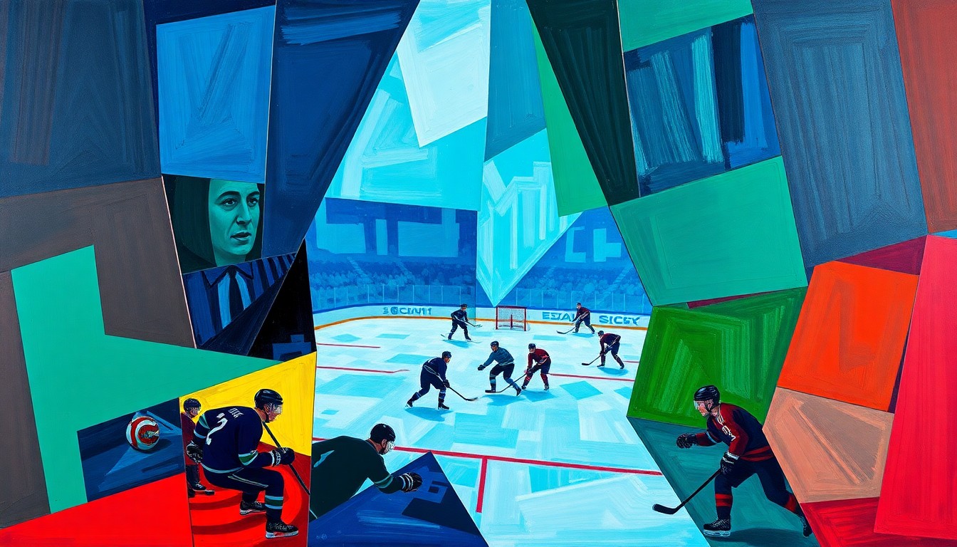 A fractured, cubist-style painting depicting the intense action of a hockey game, with players and the puck rendered as sharp, overlapping geometric shapes in a vibrant color palette.